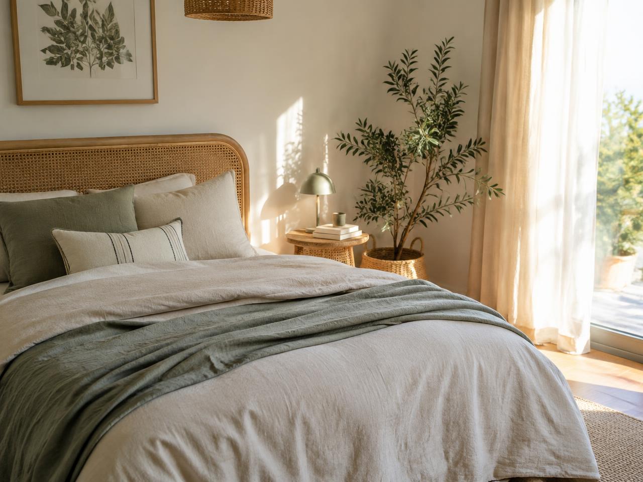 Peaceful bedroom with linen bedding