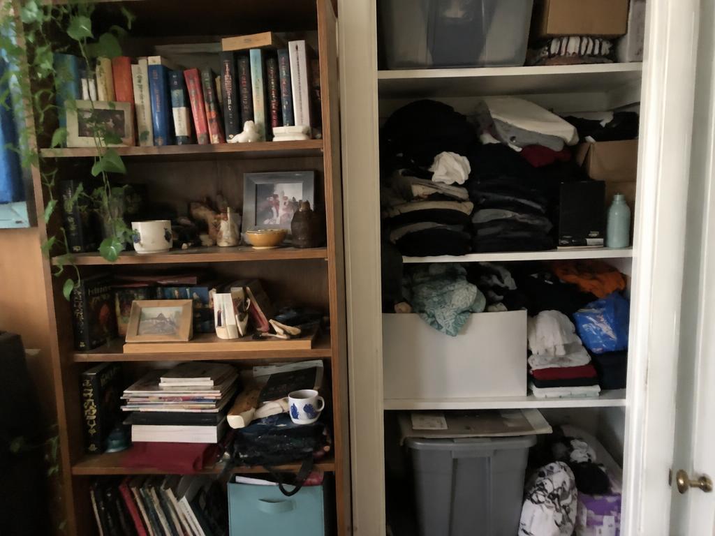 Before: cluttered storage shelves