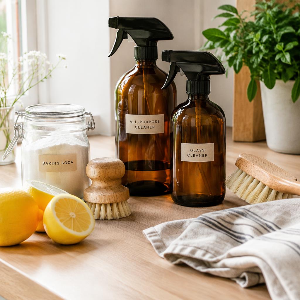 Natural cleaning supplies in amber bottles