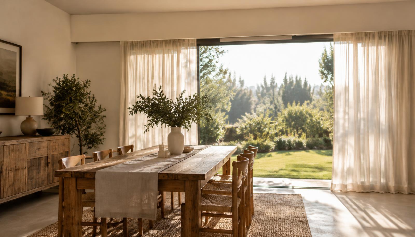 Sunlit dining room opening onto a garden