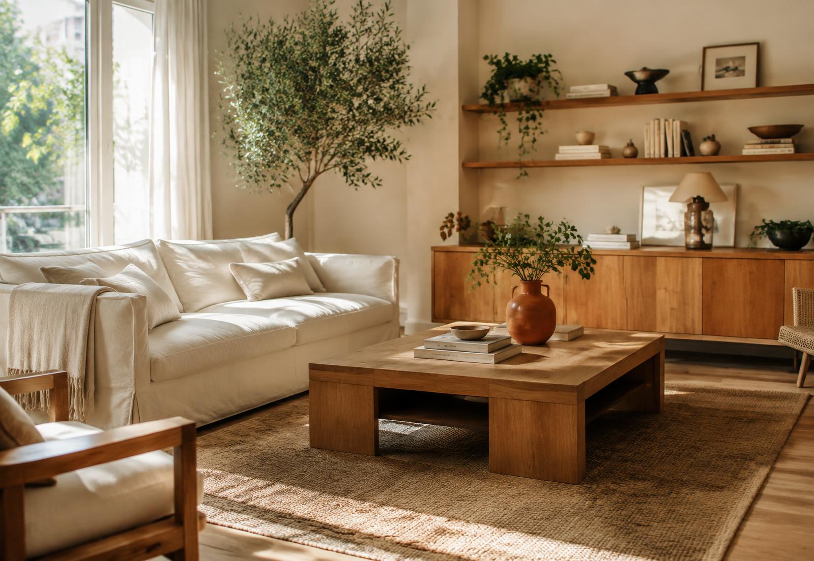 Sunlit living room with an olive tree, linen sofa and warm wood