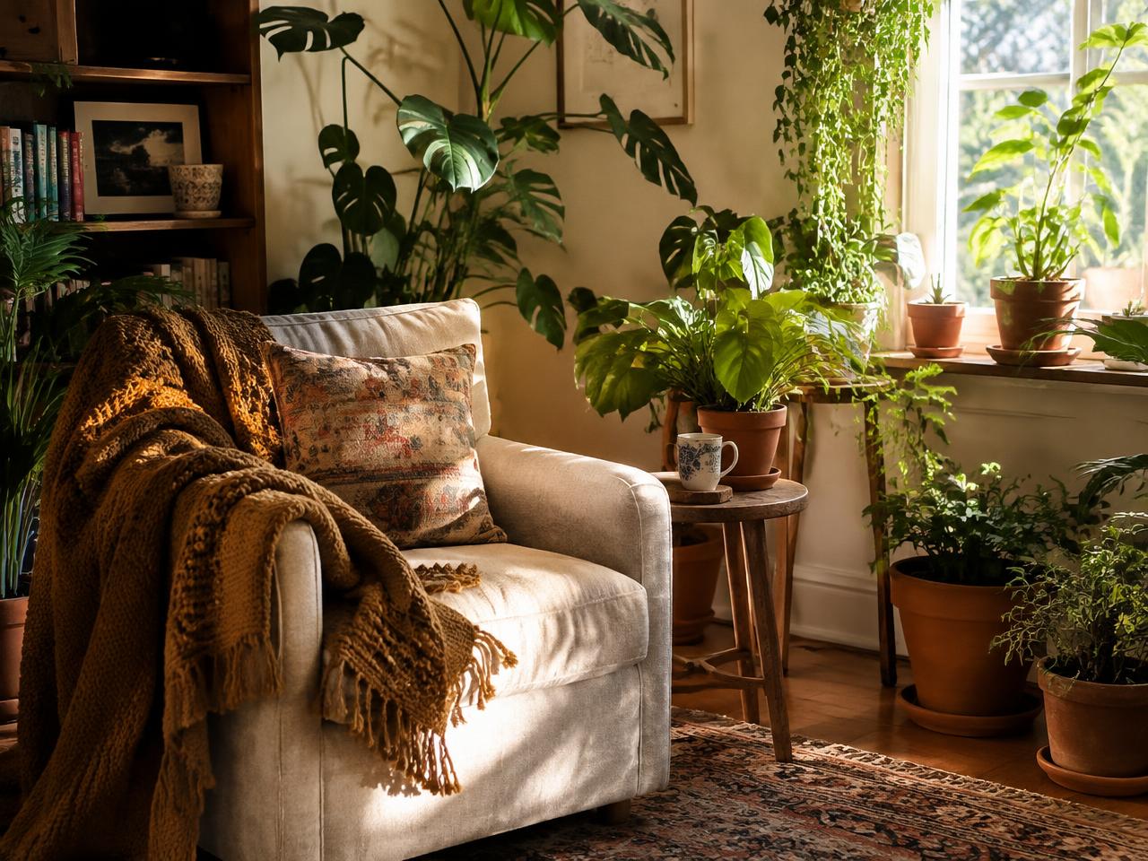 Cozy plant-filled reading corner